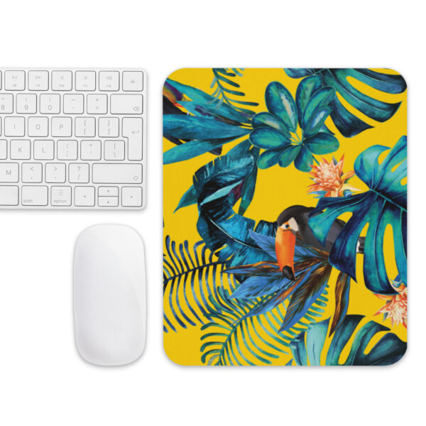 Tropical Toucan Mouse Pad with Colorful Jungle Leaves – Bright Yellow mouse pad - Image 2