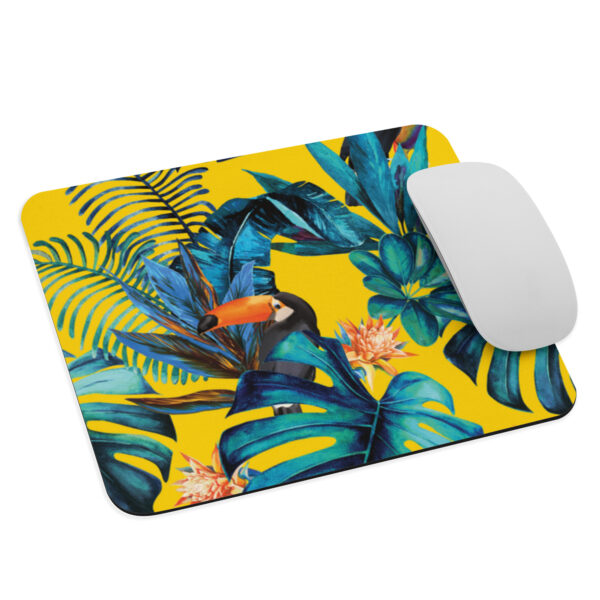 Tropical Toucan Mouse Pad with Colorful Jungle Leaves – Bright Yellow mouse pad - Image 3