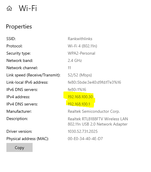 Look for the field labeled IPv4 address. It will usually look like 192.168.x.x.