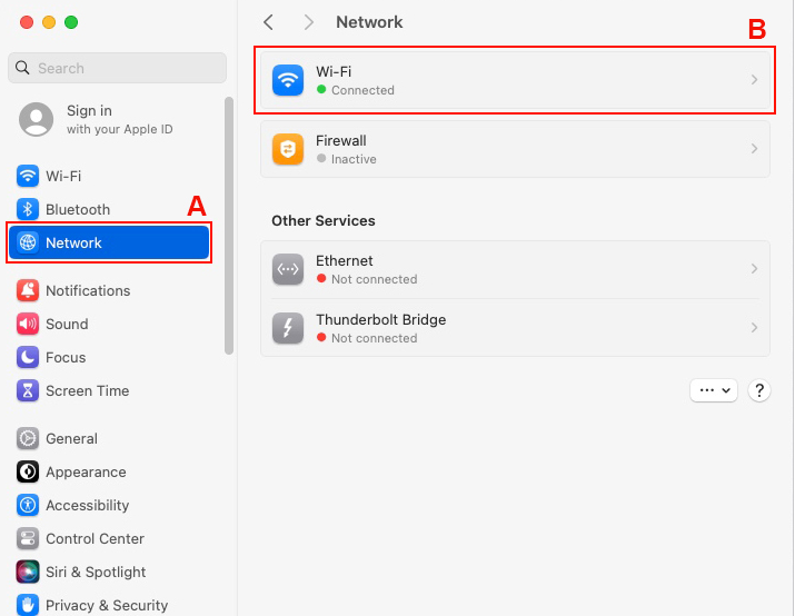 Click Network in the sidebar. Select your active connection (Wi-Fi or Ethernet), which will have a green dot next to it.